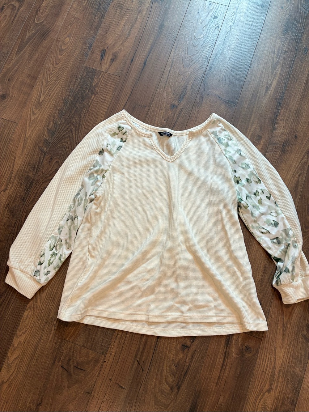 BloomChic Waffle Knit V-Neck Top with Sleeve Detail - Cream